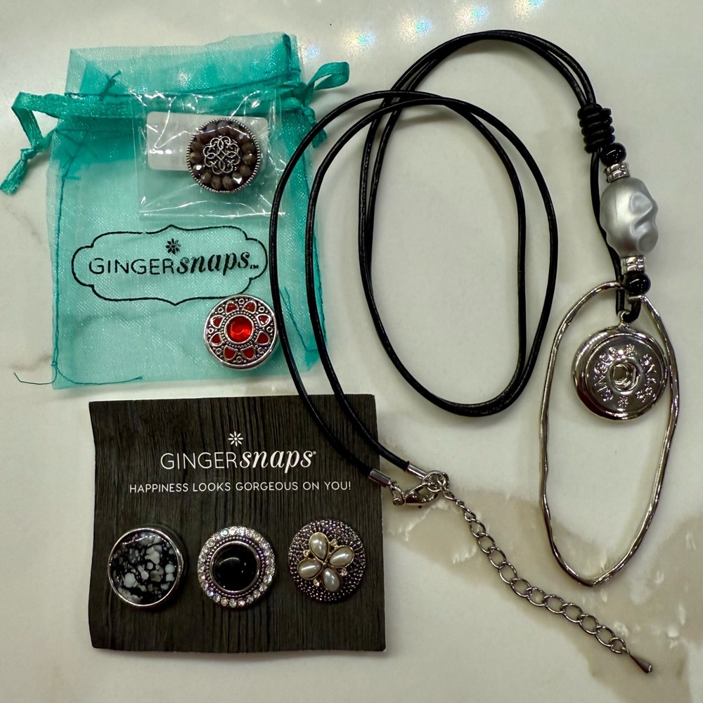 Ginger Snaps Black Leather Necklace Bundle with 5 Snap Charms